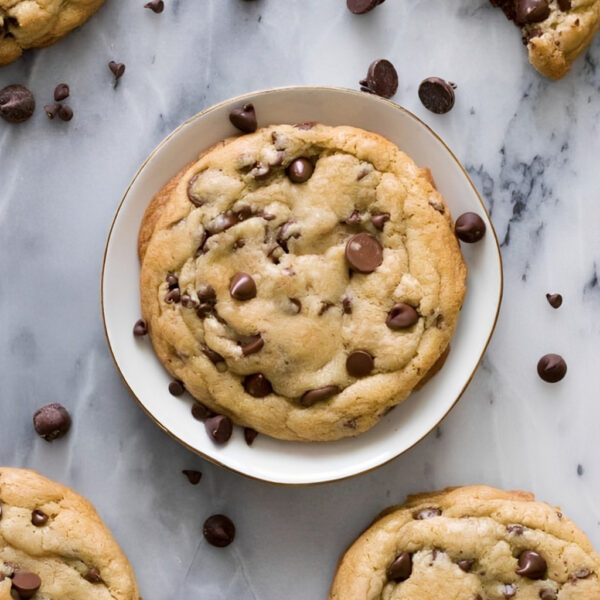 Giant chocolate chip cookie on plate